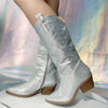 Women's Western Cowboy Boots Chunky Heel Mid Tube Rhinestone Pointed Toe Shoes 36461224C