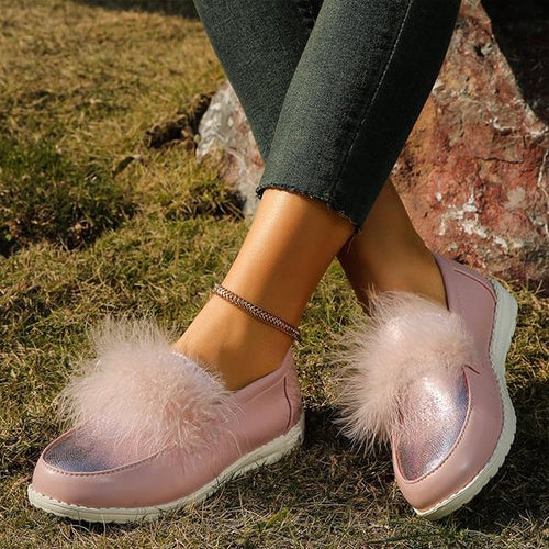 Women's Casual Pink Slip-On Furry Flats 93707845S