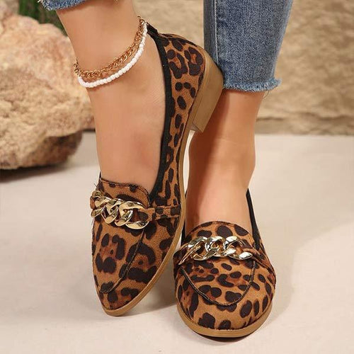 Women's Leopard Print Loafers with Metal Chain Detail 77535510C