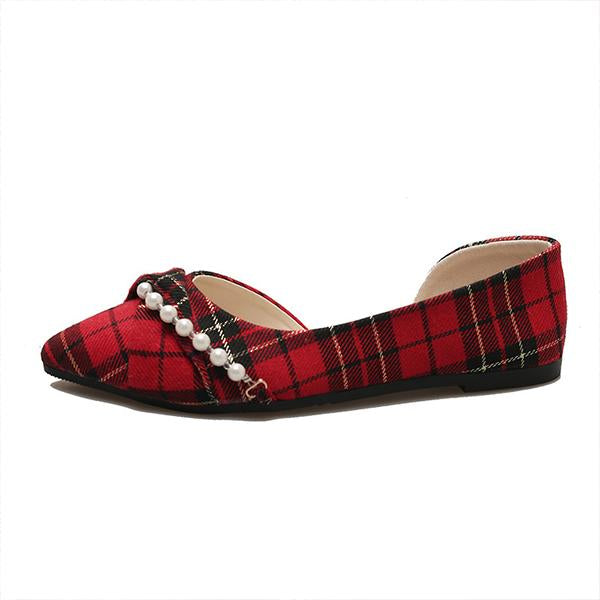 Women's Casual Plaid Pearl Pointed Toe Slip-On Flats 38569047S