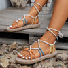 Women's Round Toe Linen Woven Flat Sandals with Color Block Straps 67351526C