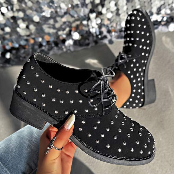 Women's Low-Heeled Metal Rivet Lace-Up Lazy Fashion Shoes 04244857C