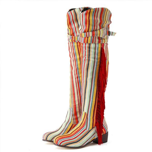 Women's Retro Fashion Rainbow Tassel Block Heel Boots 77611043S