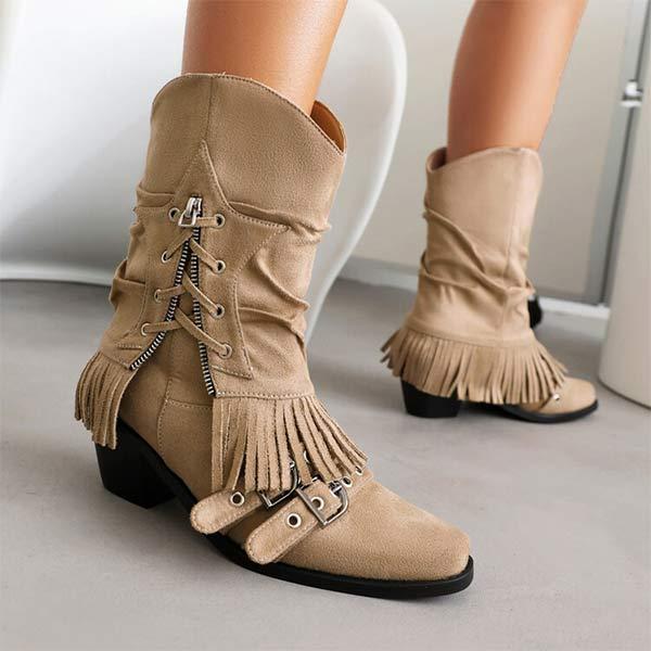 Women's Mid-Calf Fringe Buckle Boots 35308235C