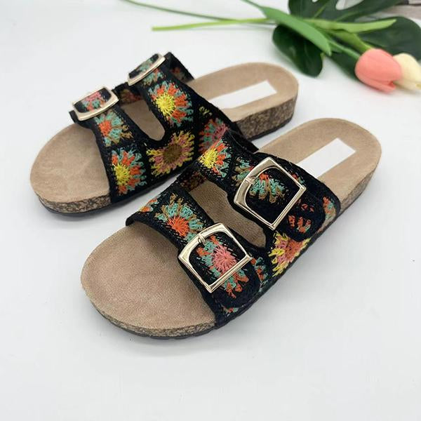 Women's Braided Double-Button Ethnic Style Flat Slippers 59326415S