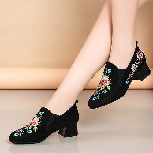 Women's Vintage Embroidered Velvet Mid-Heel Loafer Pumps with Elastic Opening 19669315C