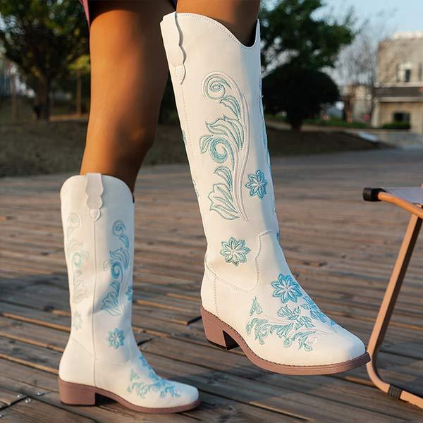 Women's Chunky Heel Embroidered Knee-High Boots 74749570C