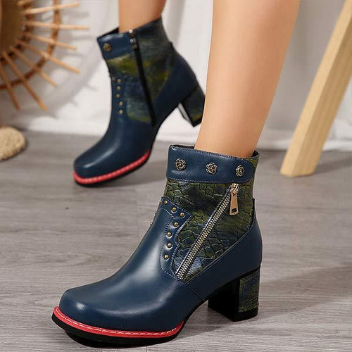 Women's Vintage Patchwork Chunky Heel Ankle Martin Boots 47424939C