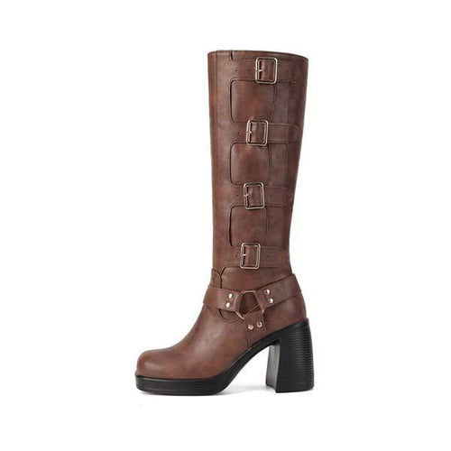 Women's Knee-High High-Heel Boots with Metal Buckle and Ring Detail 89331595C