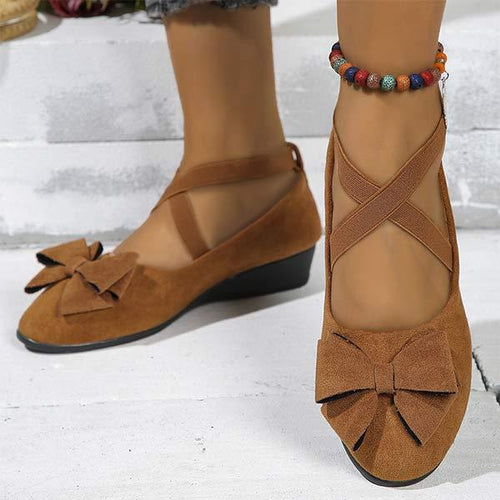 Women's Suede Bow Cross Elastic Strap Wedge Shoes 11792269C