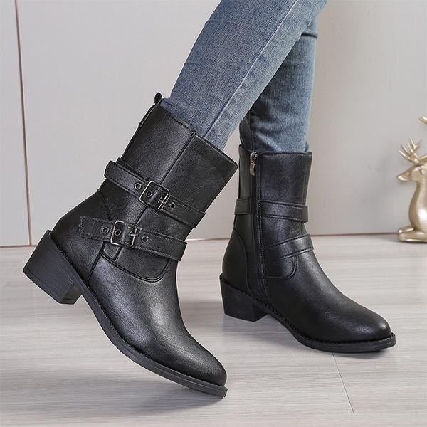 Women's Casual Belt Buckle Chunk Heel Motorcycle Boots 21407794S