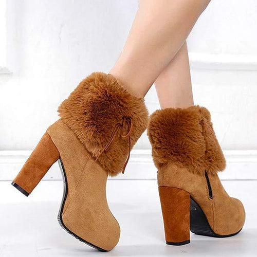 Women's Suede Round-Toe Chunky Heel High Heel Furry Ankle Boots 52680531C