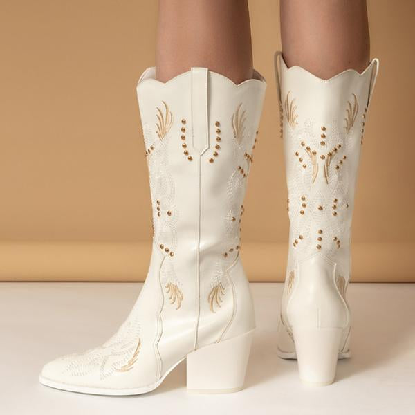 Women's Rivet Embroidered Mid-calf Rider Western Boots 99025364S