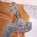 Women's Silver Sequin Wedge Thick Soled Slippers 95293479S