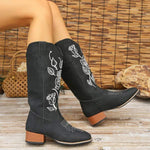 Women's Embroidered Vintage Chunky Heel Long Boots 65776009C