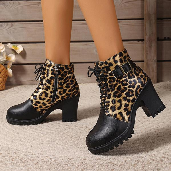 Women's Fashion Leopard Print Belt Buckle Ankle Boots 27595648S