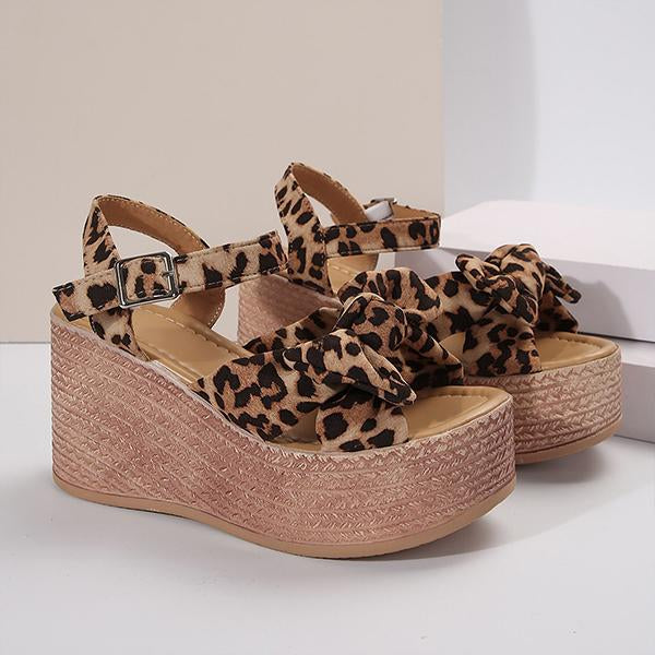 Women's Leopard Print Bow Buckled Wedge Sandals 52841546S