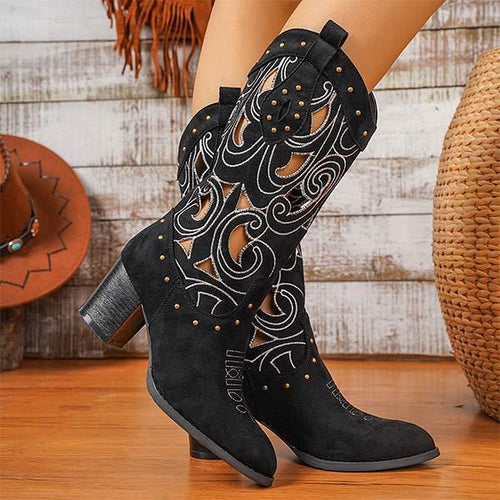 Women's Vintage Embroidered Mid-Calf Chunky Heel Boots 04778684C