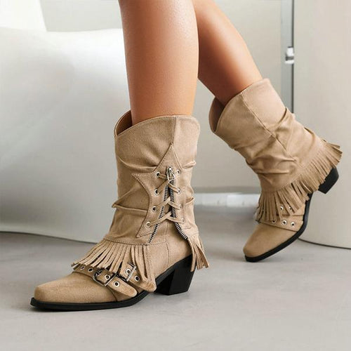 Women's Retro Thick Heel Zipper Belt Buckle Tassel Boots 68983191S