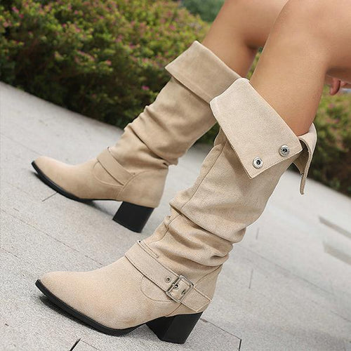 Women's Retro Belt Buckle Block Heel High Boots 35403633S