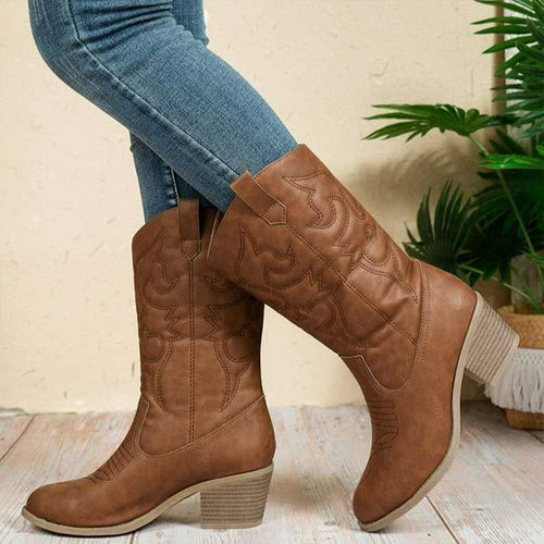 Women's Western Cowboy Boots with Totem Design Mid-Calf Boots 77486200C