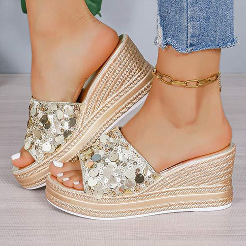 Women's Sequin One-Strap Platform Wedge Slide Sandals 29905775C