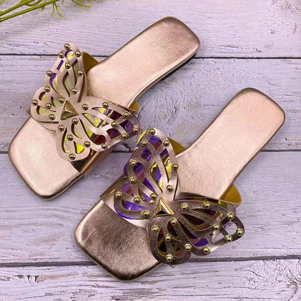Women's Square Toe Butterfly Rivet Casual Slippers 45930098S