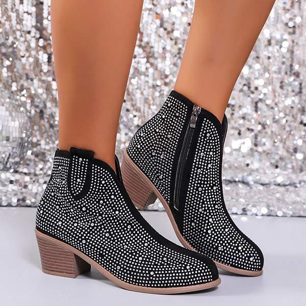 Women's Block Heel Side Zipper Glitter Short Boots 10864207C