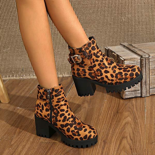 Women's Round Toe Thick Sole High Heel Leopard Print Combat Boots 04891976C