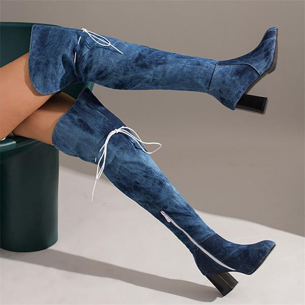 Women's Fashionable Chunk Heel Denim Over-the-Knee Boots 81332209S