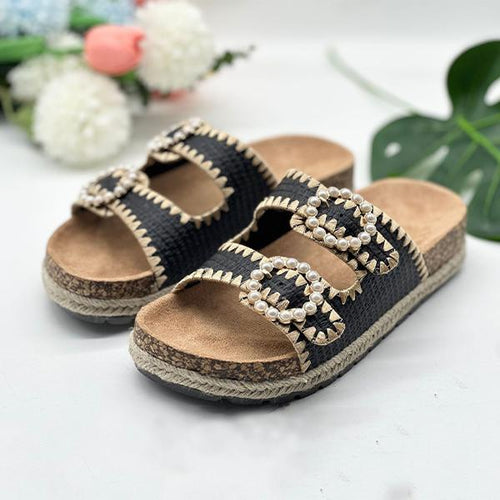 Women's Elegant Thick Soled Slippers with Double Pearl Buckle 65793069S