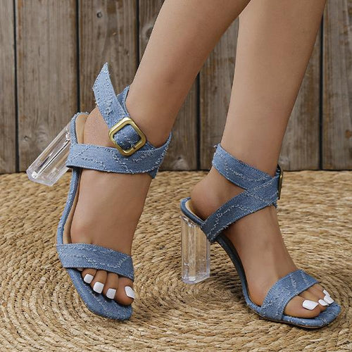 Women's Casual Denim Cross Buckle Strap Crystal Heel Sandals 37461639S