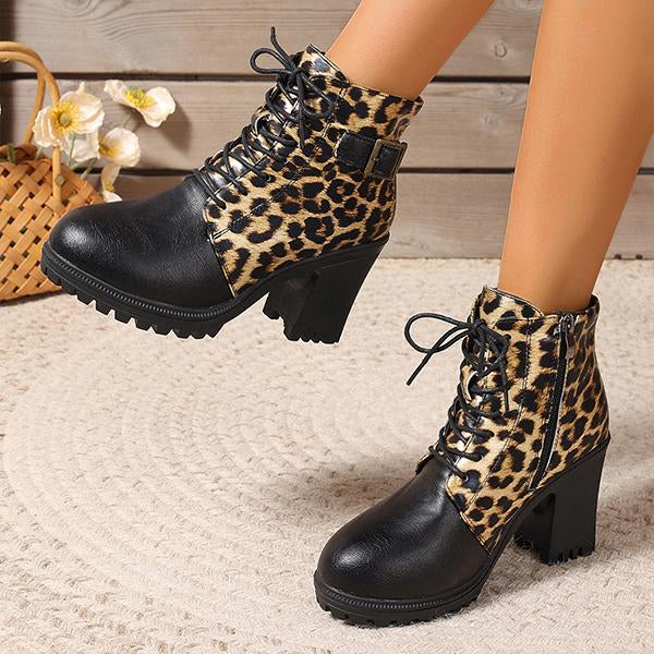 Women's Fashion Leopard Print Belt Buckle Ankle Boots 27595648S