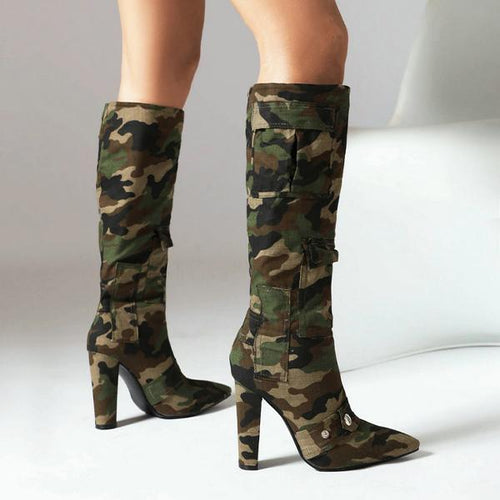 Women's Fashionable Camouflage Thick Heel Knee-High Boots 04793064S