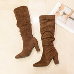 Women's Suede Pleated Chunk Heel Knee-High Boots 87431644S