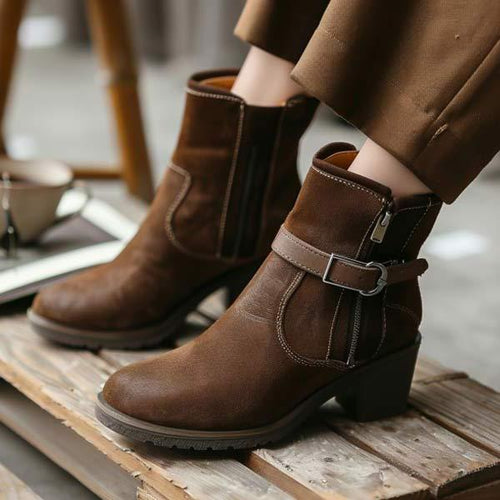 Women's Brown Vintage Chunky Heel Ankle Boots 57902194C