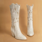 Women's Rivet Embroidered Mid-calf Rider Western Boots 99025364S