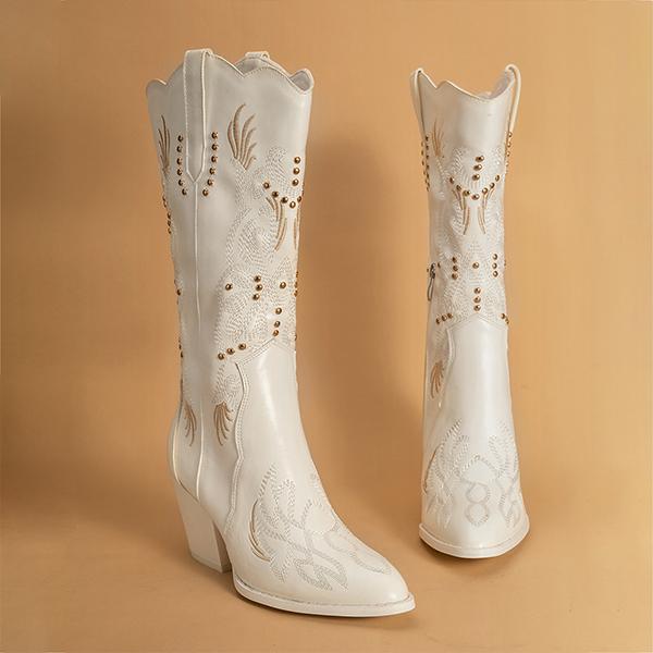 Women's Rivet Embroidered Mid-calf Rider Western Boots 99025364S