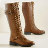 Women's High-Cut Lace-Up Riding Boots with Buckle and Studded Details 92176439C