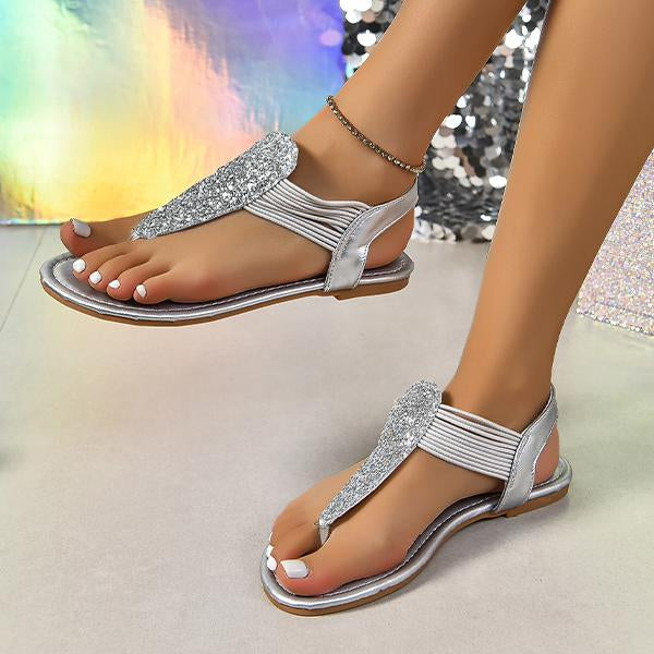 Women's Fashionable Flat Sequined Flip-On Beach Sandals 27450253S