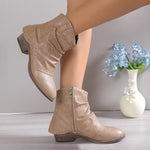 Women's Retro Carved Pleated Round Toe Ankle Boots 67894148S