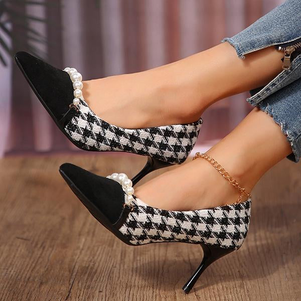 Women's Fashionable Houndstooth Pearl Stiletto Heel Pumps 19311045S