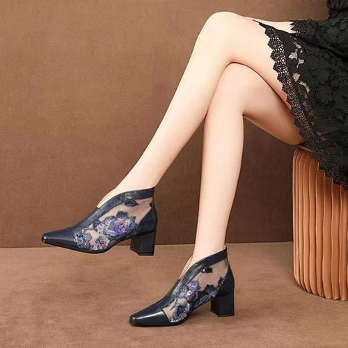 Women's Mesh Pointed Toe Summer Boots with Embroidery and Chunky Heel 71584826C