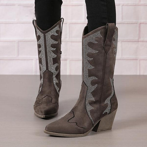 Women's Retro Rhinestone Block Heel Western Boots 35083093S