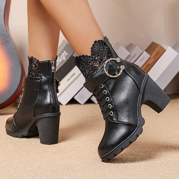 Women's Lace-Up Belt Buckle Block Heel Ankle Boots 02233782C