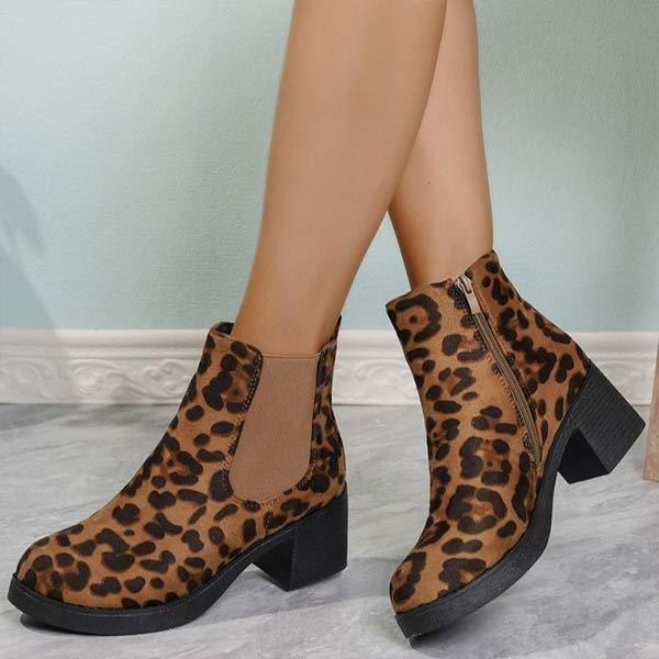 Women's Leopard Print Round Toe Block Heel Ankle Boots 17569337C