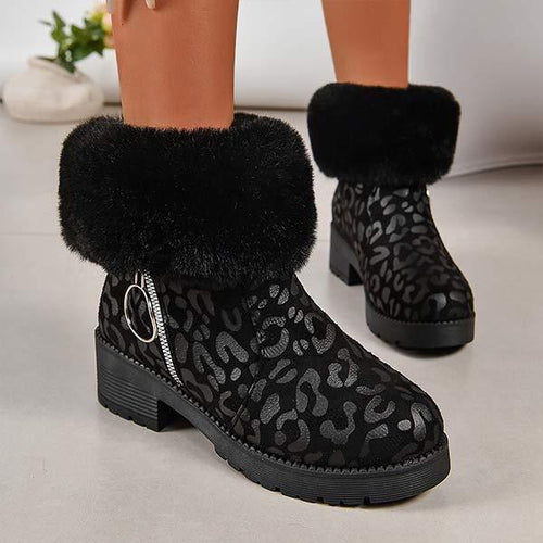 Women's Thick-Soled Fleece-Lined Snow Boots in Leopard Print 03784439C