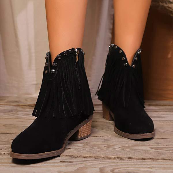 Women's Studded Fringe Chunky Heeled Ankle Boots 44140372C