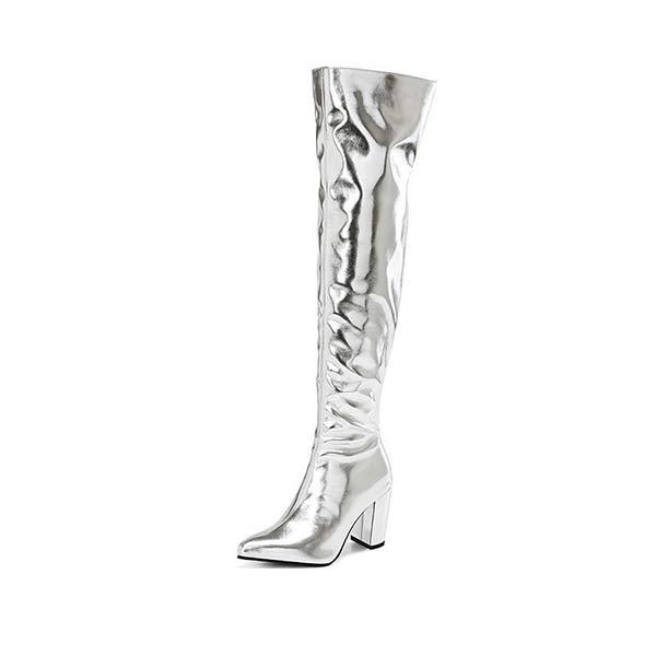 Women's Gold and Silver Block-Heel Over-the-Knee Combat Boots 36666311C