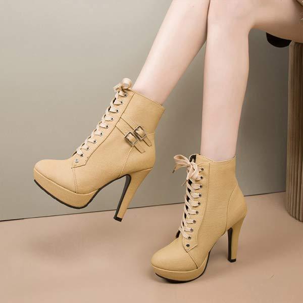 Women's High Heel Short Boots with Cross-Strap Buckle Detail 33094894C